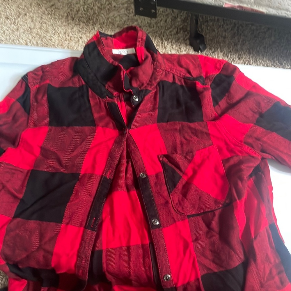 medium red plaid flannel silky top